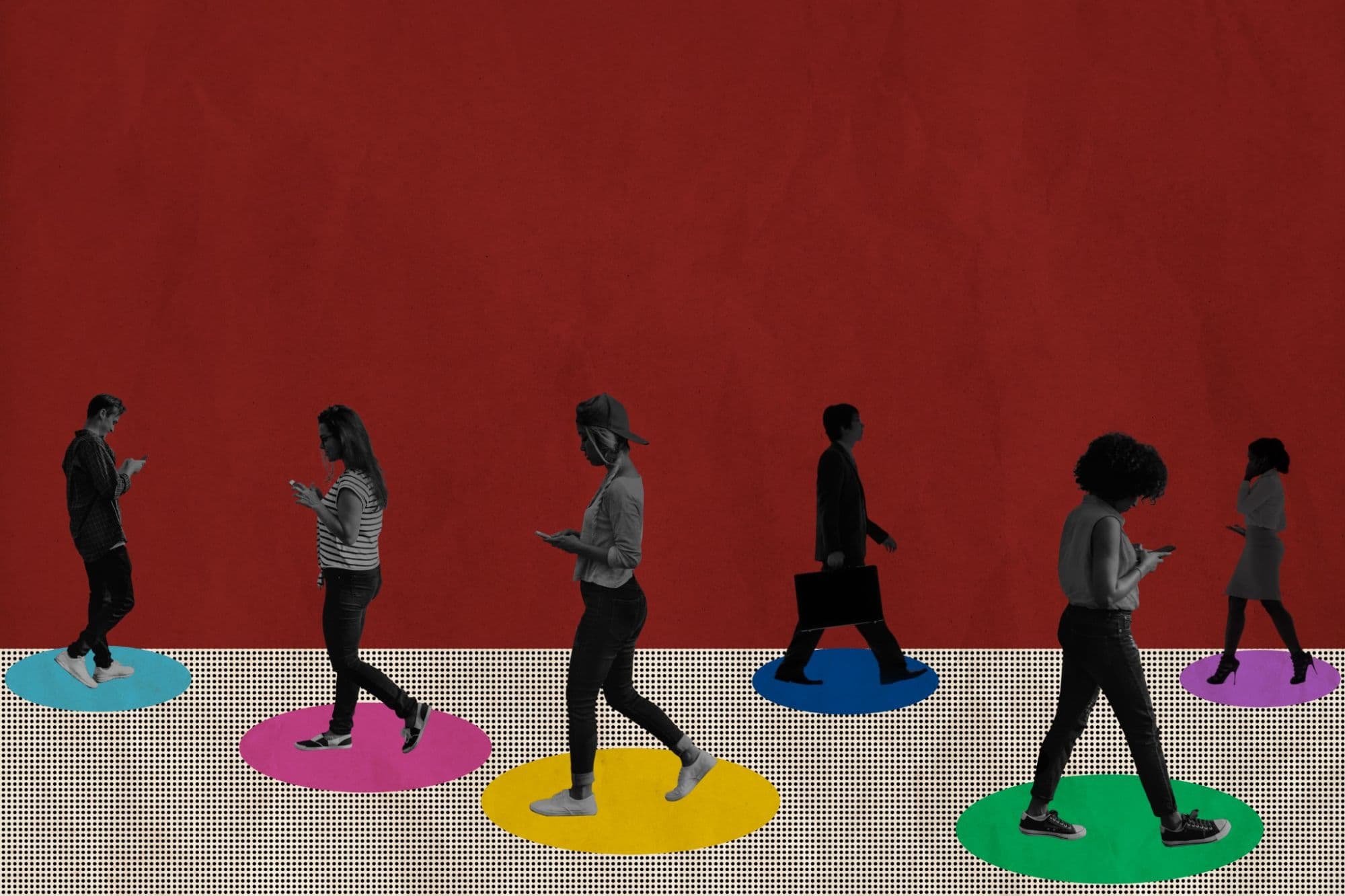 Collage of people walking across a dotted floor, each stepping on their own coloured circle